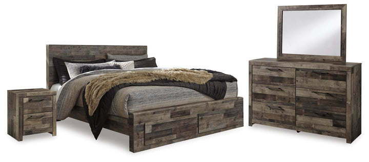 Derekson King Panel Storage Bed, Dresser, Mirror, Chest and 2 Nightstands - Multi Gray (2)