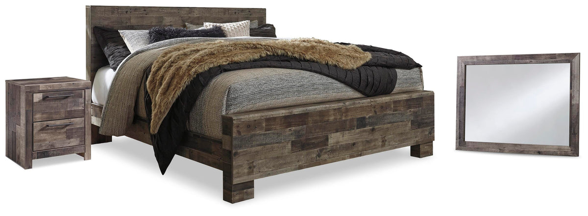Derekson King Panel Bed, Mirror and Nightstand - Multi Gray (1)