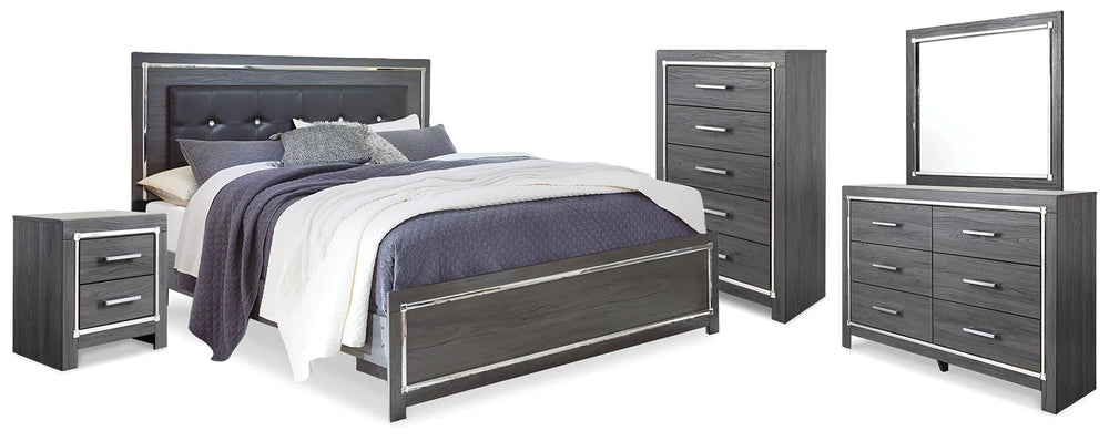 Lodanna King Upholstered Panel Bed, Dresser, Mirror, Chest and Nightstand - Gray (1)