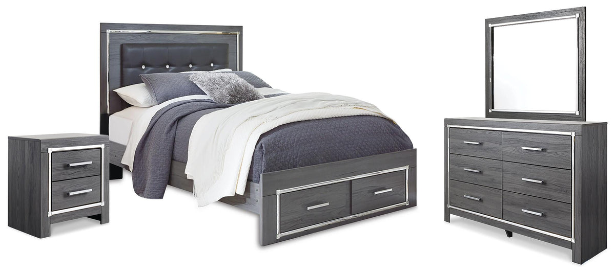 Lodanna Queen Upholstered Panel Storage Bed, Dresser, Mirror, and Nightstand - Gray (1)