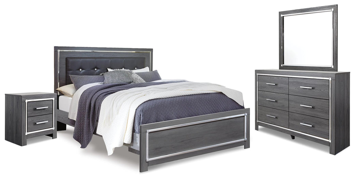 Lodanna King Upholstered Panel Bed, Dresser, Mirror and Nightstand - Gray (1)