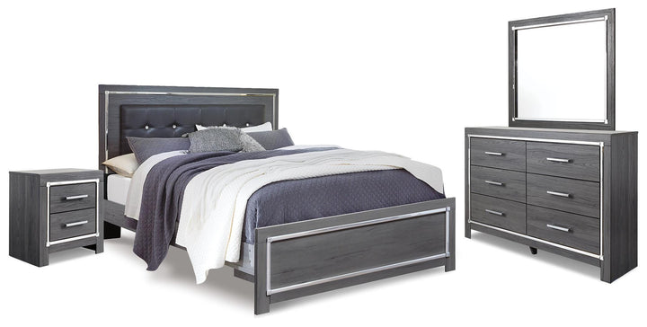 Lodanna King Upholstered Panel Bed, Dresser, Mirror and Nightstand - Gray (1)