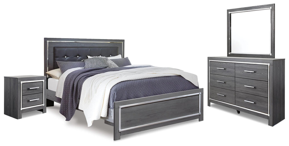 Lodanna King Upholstered Panel Bed, Dresser, Mirror and Nightstand - Gray (1)