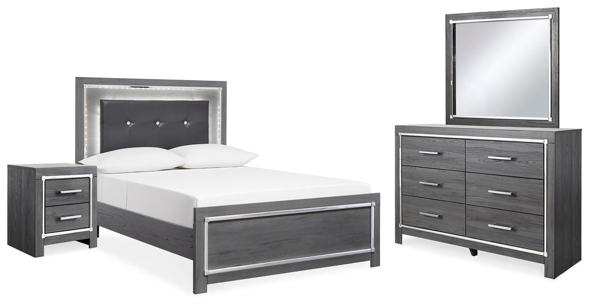 Lodanna Full Upholstered Panel Bed, Dresser, Mirror, and Nightstand - Gray (1)