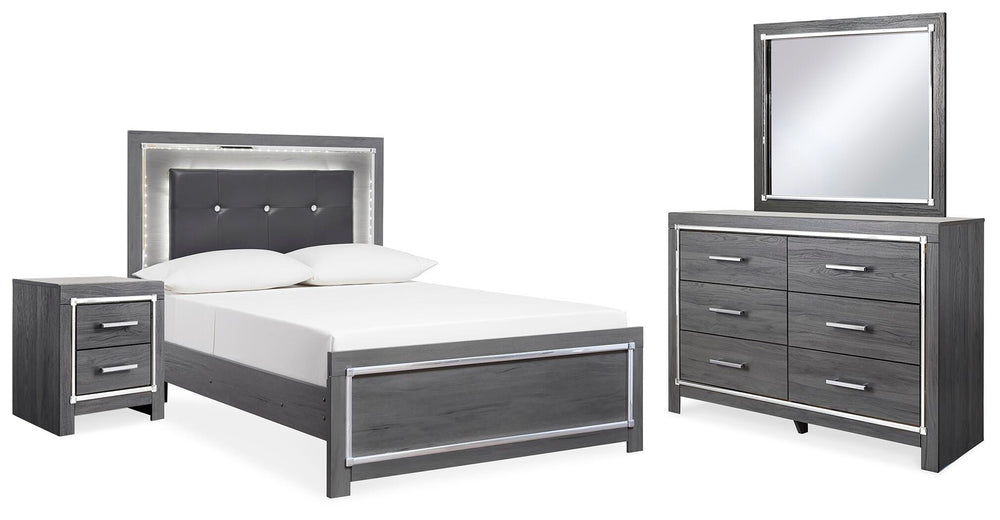 Lodanna Full Upholstered Panel Bed, Dresser, Mirror, and Nightstand - Gray (1)