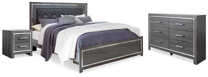 Lodanna King Upholstered Panel Bed, Dresser and Nightstand - Gray (1)