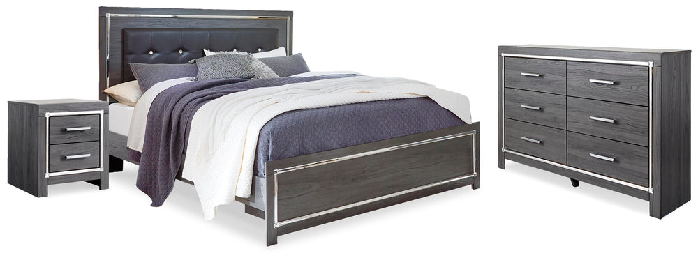 Lodanna King Upholstered Panel Bed, Dresser and Nightstand - Gray (1)