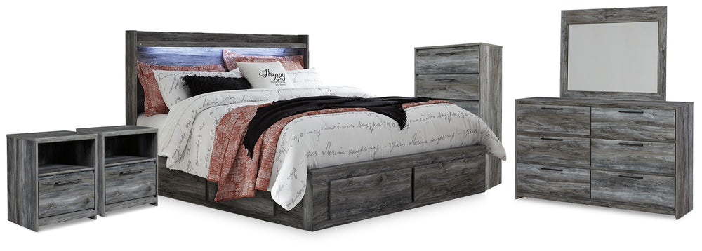 Baystorm King Storage Bed, Dresser, Mirror, Chest and 2 Nightstands - Gray (1)