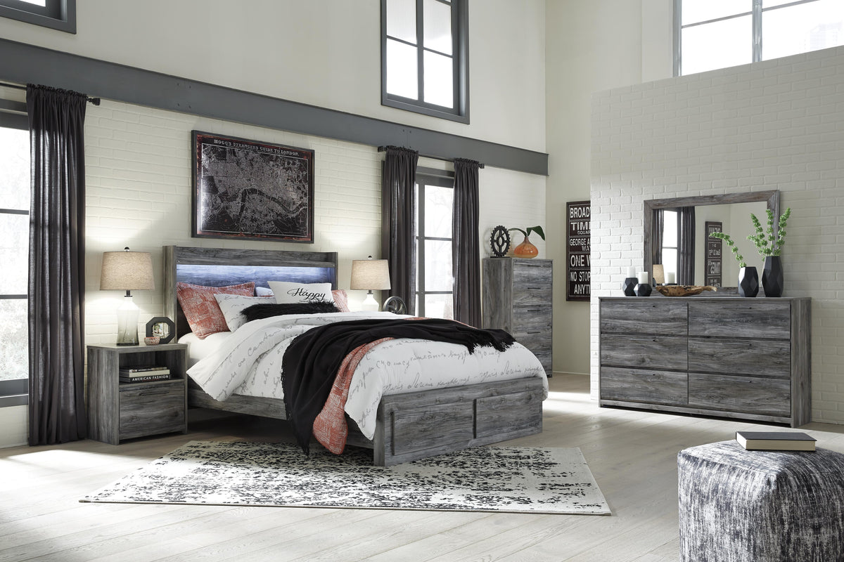Baystorm Queen Panel Storage Bed, Dresser, Mirror, Chest and 2 Nightstands - Gray (1)