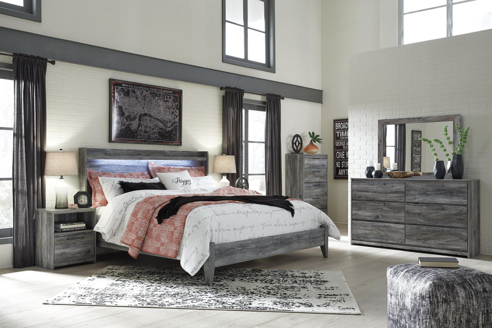 Baystorm King Panel Bed, Dresser, Mirror, Chest and 2 Nightstands - Gray (1)