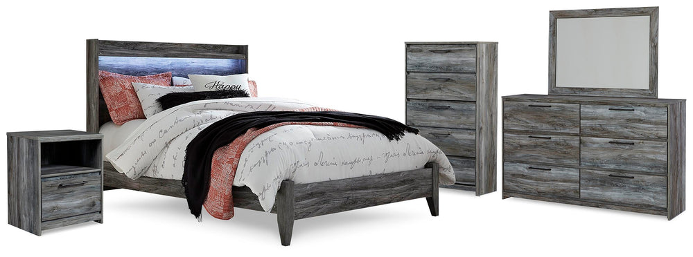 Baystorm Queen Panel Bed, Dresser, Mirror, Chest and Nightstand - Gray (1)