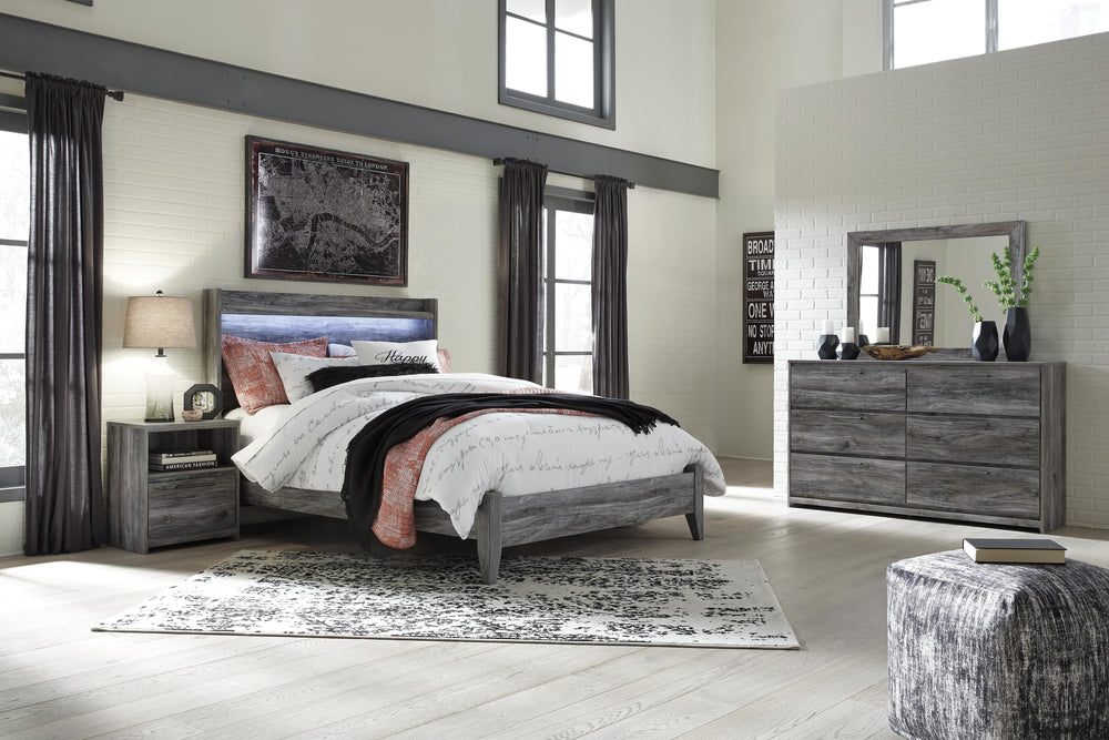 Baystorm Queen Panel Bed, Dresser, Mirror and Nightstand - Gray (1)