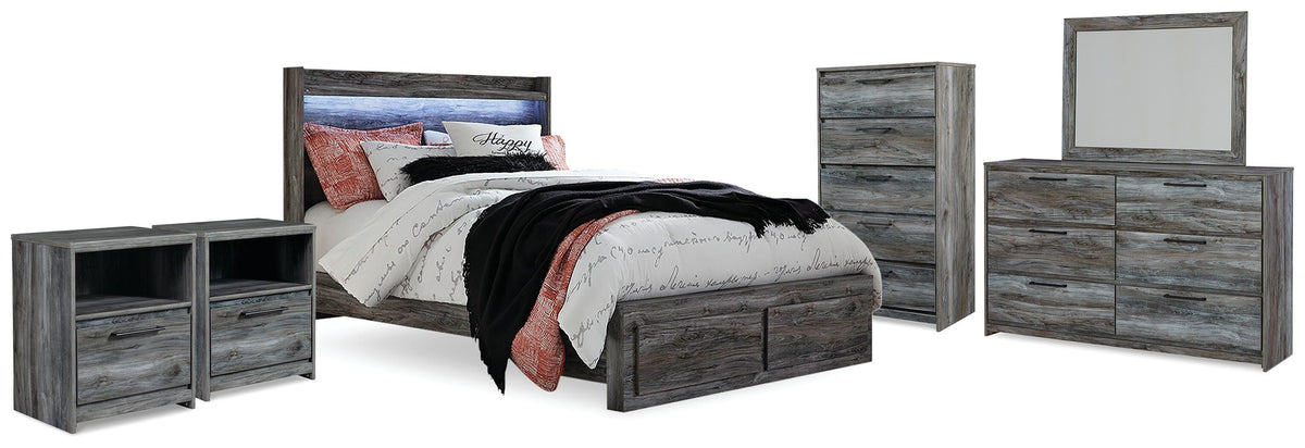 Baystorm Queen Panel Storage Bed, Dresser, Mirror, Chest and 2 Nightstands - Gray (2)