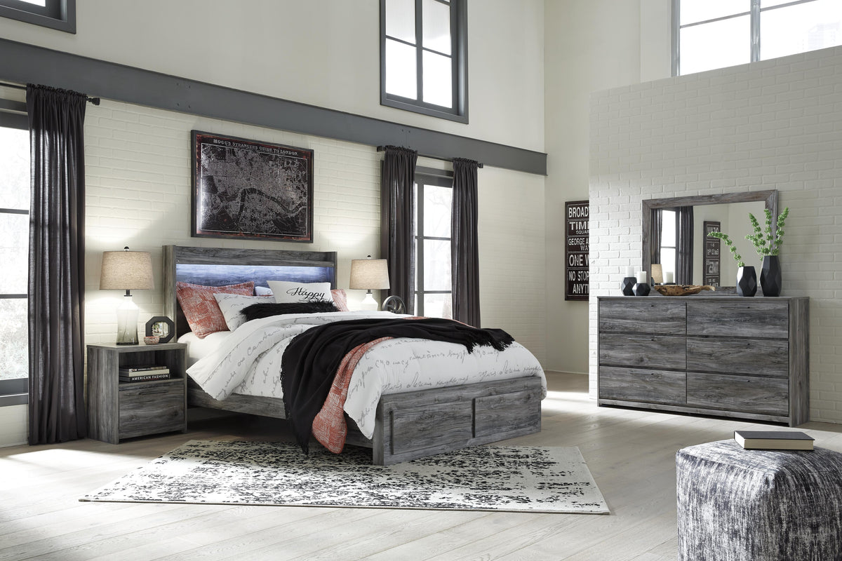 Baystorm Queen Panel Storage Bed with Mirrored Dresser and Nightstand - Gray (1)