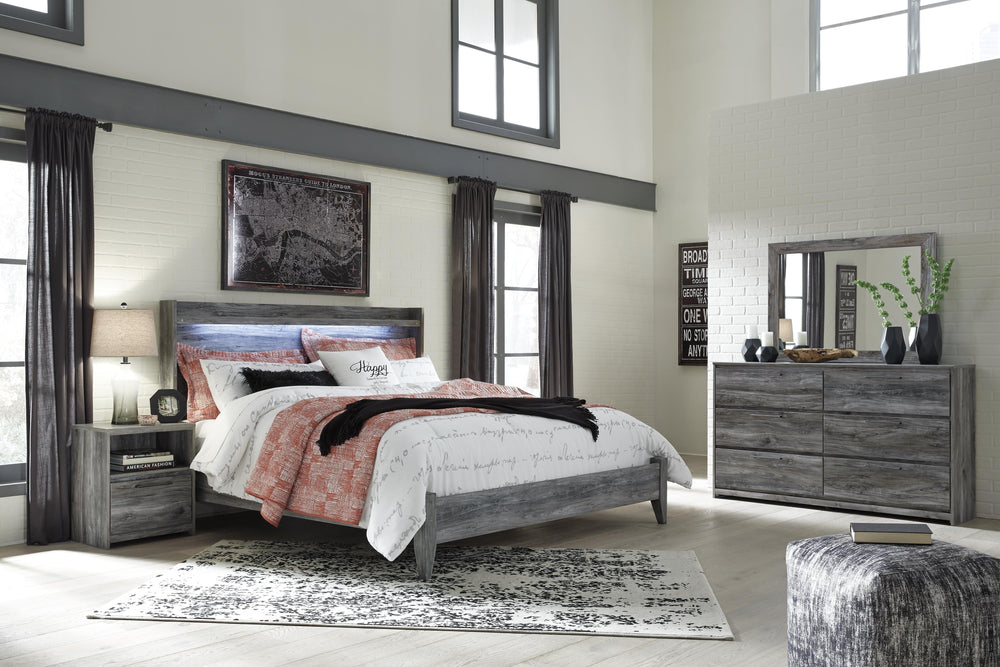 Baystorm King Panel Bed, Dresser, Mirror, and Nightstand - Gray (1)