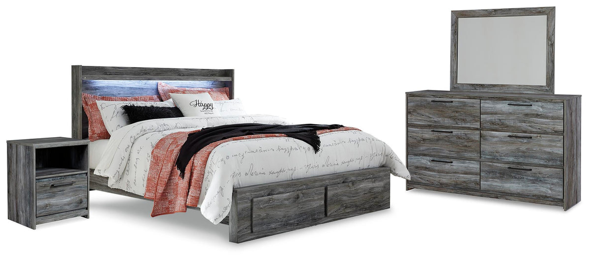 Baystorm King Panel Storage Bed with Mirrored Dresser and Nightstand - Gray (2)