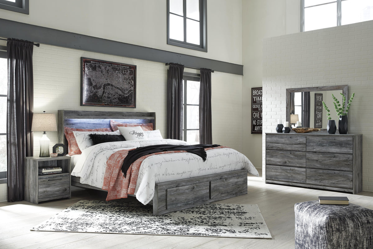 Baystorm King Panel Storage Bed with Mirrored Dresser and Nightstand - Gray (1)