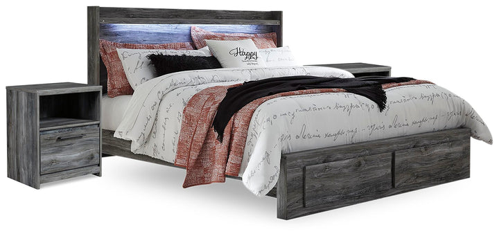 Baystorm King Panel Storage Bed and 2 Nightstands - Gray (1)