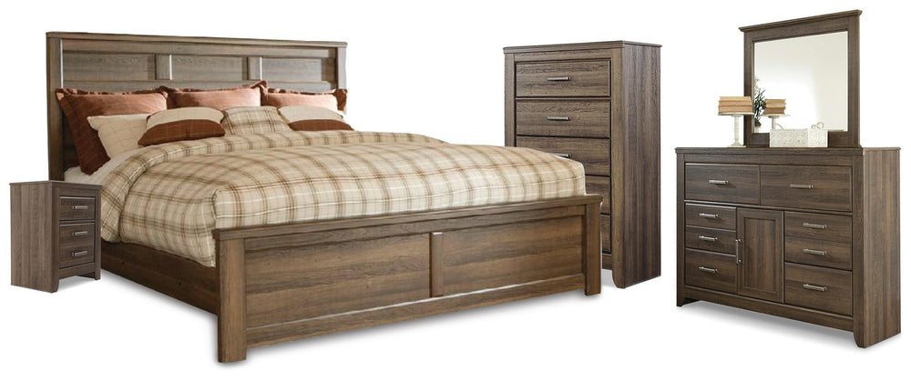 Juararo California King Panel Bed, Dresser, Mirror, Chest and Nightstand - Dark Brown (1)