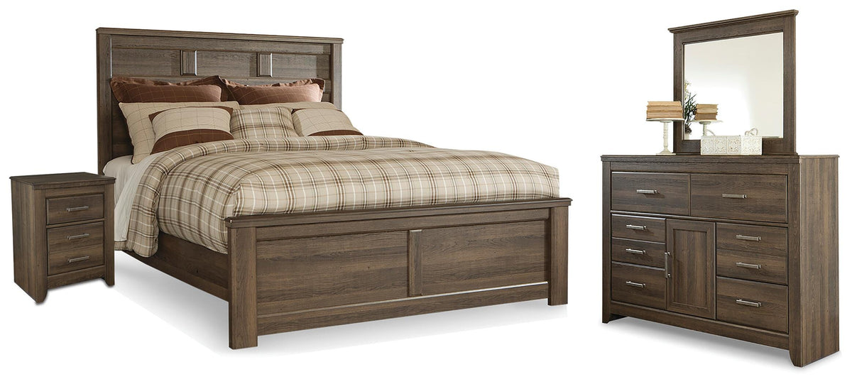 Juararo Queen Panel Bed, Dresser, Mirror and Nightstand - Dark Brown (1)