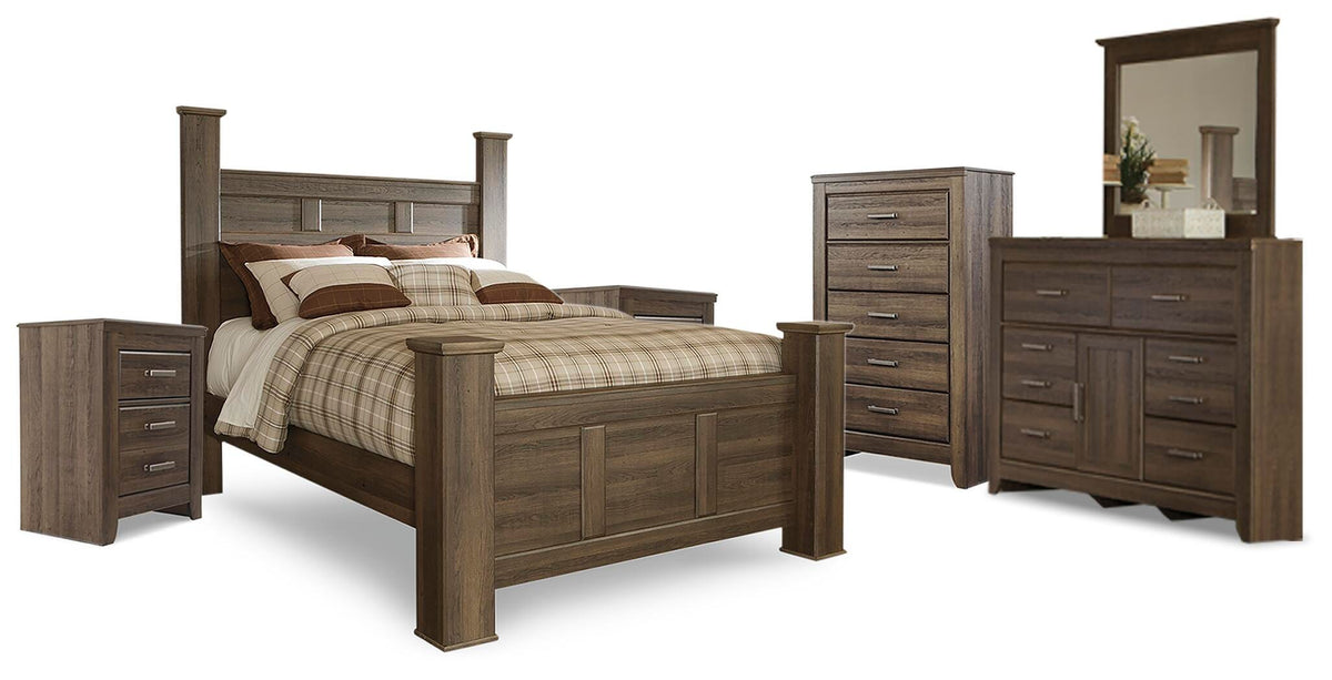 Juararo Queen Poster Bed, Dresser, Mirror, Chest and 2 Nightstands - Dark Brown (1)