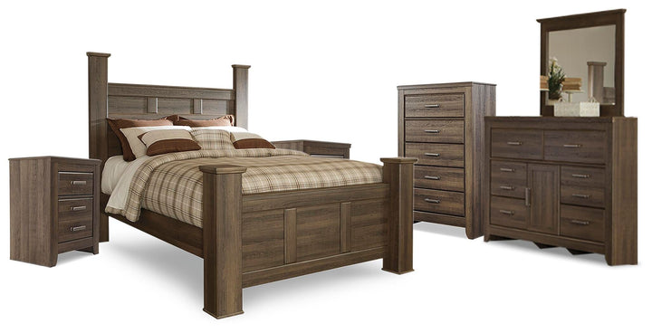 Juararo Queen Poster Bed, Dresser, Mirror, Chest and 2 Nightstands - Dark Brown (1)