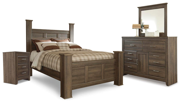 Juararo Queen Poster Bed with Mirrored Dresser and Nightstand - Dark Brown (2)
