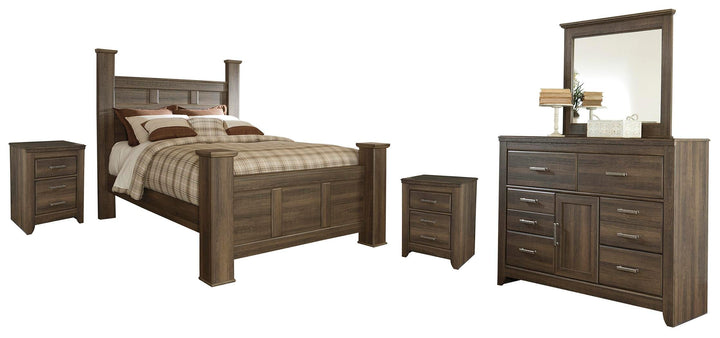 Juararo Queen Poster Bed with Mirrored Dresser and 2 Nightstands - Dark Brown (1)