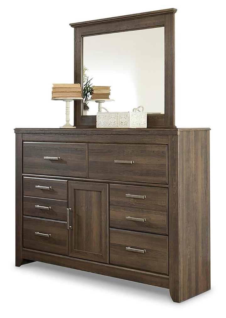 Juararo Queen Poster Bed with Mirrored Dresser and Nightstand - Dark Brown (4)