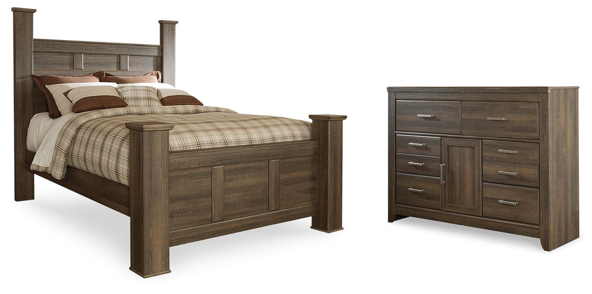 Juararo Queen Poster Bed and Dresser - Dark Brown (1)