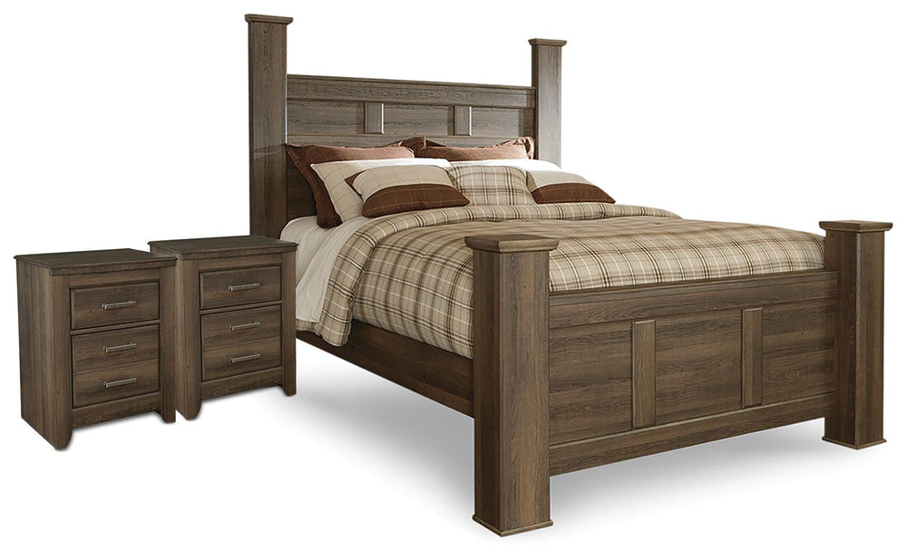 Juararo Queen Poster Bed and 2 Nightstands - Dark Brown (1)