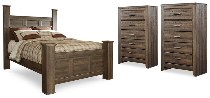 Juararo Queen Poster Bed and 2 Chests - Dark Brown (1)