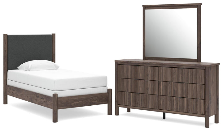 Pamytta Twin Upholstered Panel Bed, Dresser and Mirror (1)