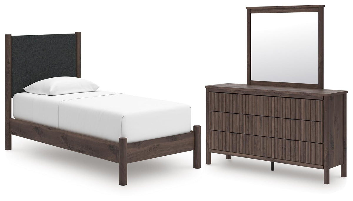 Pamytta Twin Upholstered Platform Bed, Dresser and Mirror