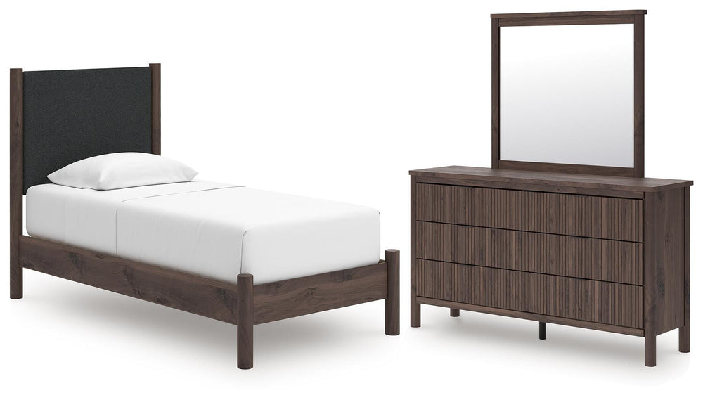 Pamytta Twin Upholstered Platform Bed, Dresser and Mirror