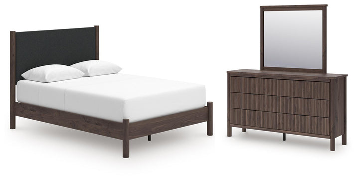 Pamytta Queen Upholstered Platform Bed, Dresser and Mirror (1)