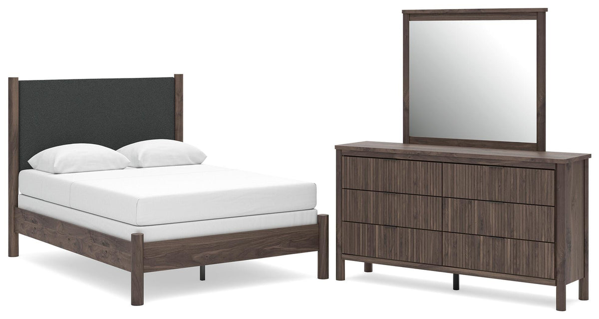 Pamytta Full Upholstered Panel Bed, Dresser and Mirror (1)