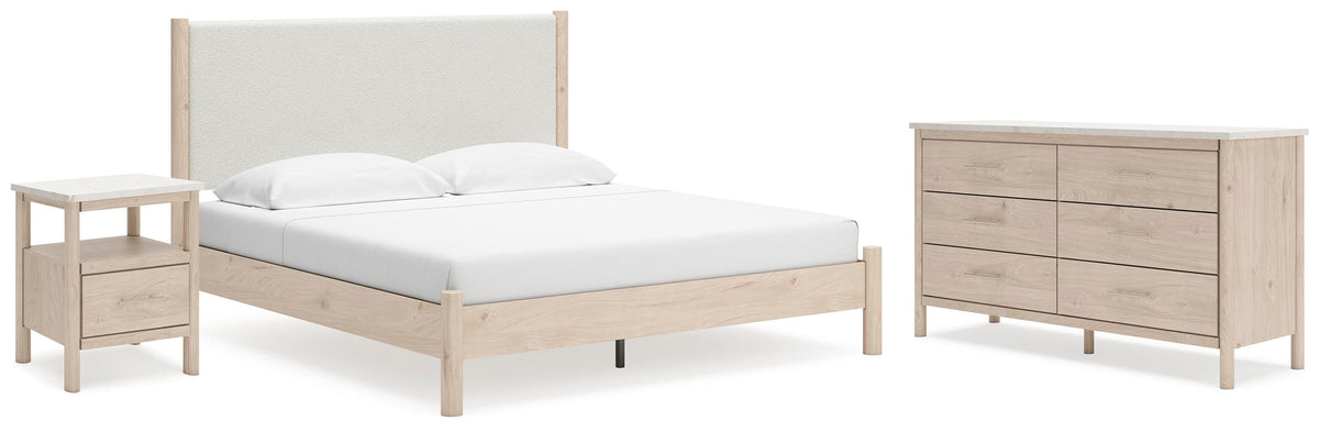 Cadmori King Upholstered Panel Bed, Dresser and Nightstand - Two-tone (1)