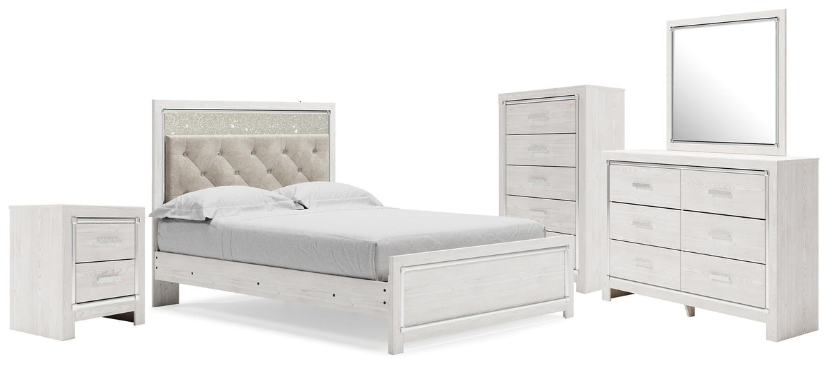 Altyra Queen Upholstered Panel Bed, Dresser, Mirror, Chest and Nightstand - White (1)