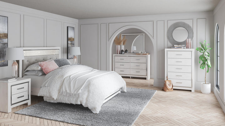 Altyra Queen Upholstered Panel Bed, Dresser, Mirror, Chest and 2 Nightstands - White (6)