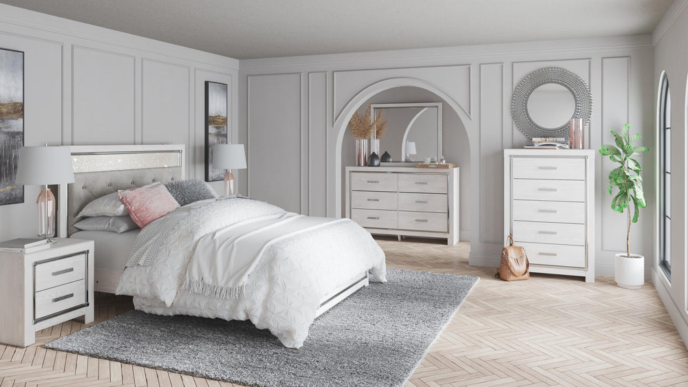 Altyra Queen Upholstered Panel Bed, Dresser, Mirror, Chest and 2 Nightstands - White (6)