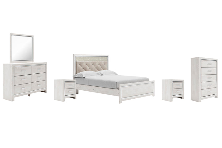 Altyra Queen Upholstered Panel Bed, Dresser, Mirror, Chest and 2 Nightstands - White (1)