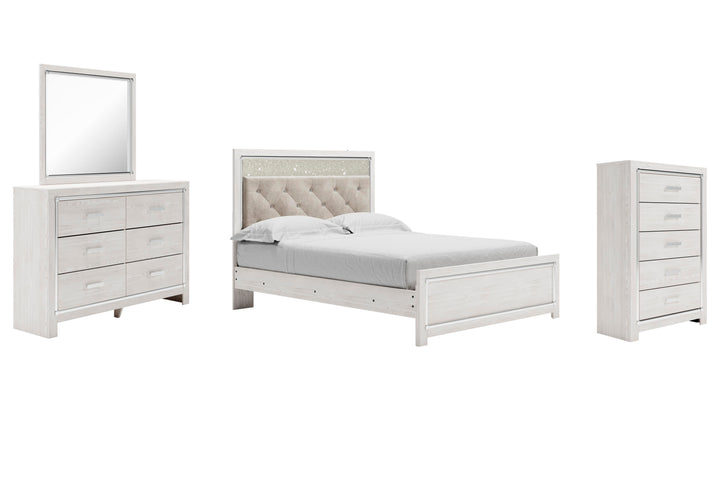 Altyra Queen Upholstered Panel Bed, Dresser, Mirror, and Chest - White (2)