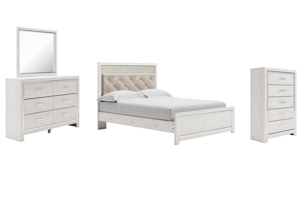 Altyra Queen Upholstered Panel Bed, Dresser, Mirror, and Chest - White (2)