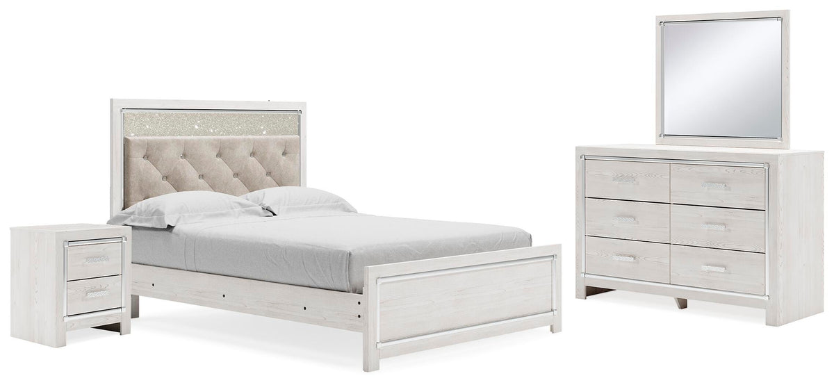 Altyra Queen Upholstered Panel Bed, Dresser, Mirror, and Nightstand - White (1)