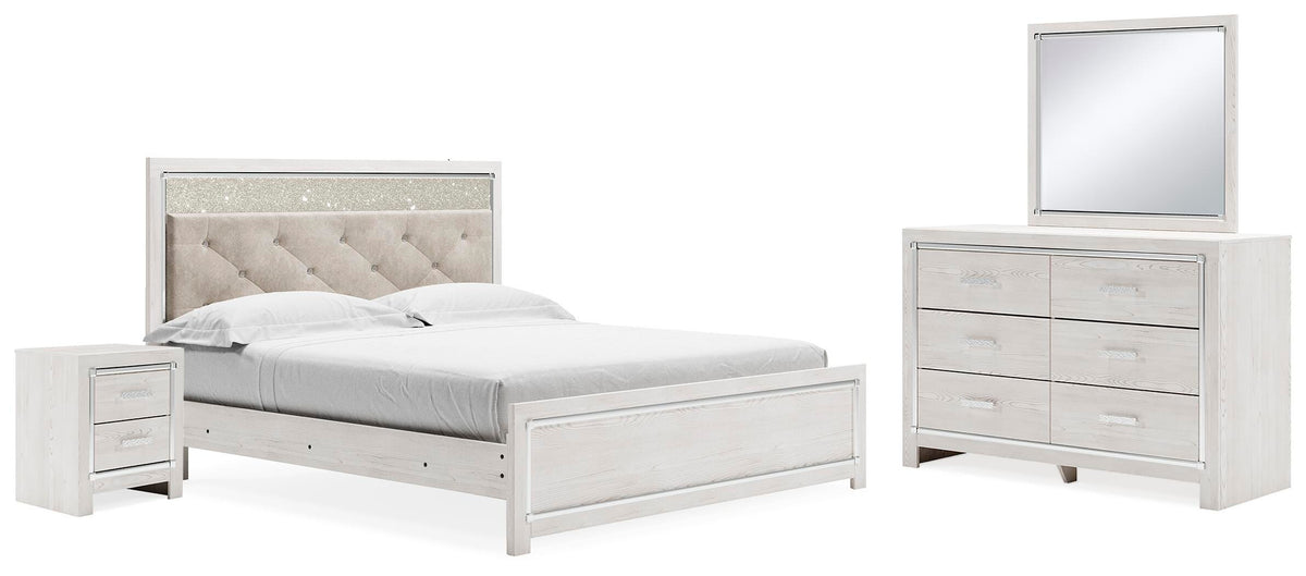 Altyra King Upholstered Panel Bed, Dresser, Mirror, and Nightstand - White (1)