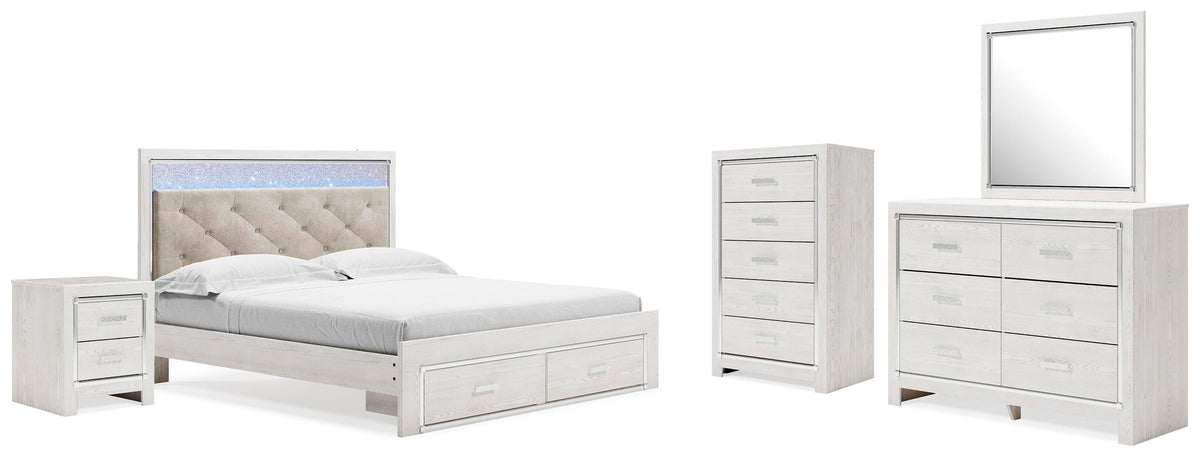 Altyra King Upholstered Storage Bed, Dresser, Mirror, Chest, and Nightstand - White (1)