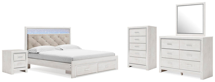 Altyra King Upholstered Storage Bed, Dresser, Mirror, Chest, and Nightstand - White (1)