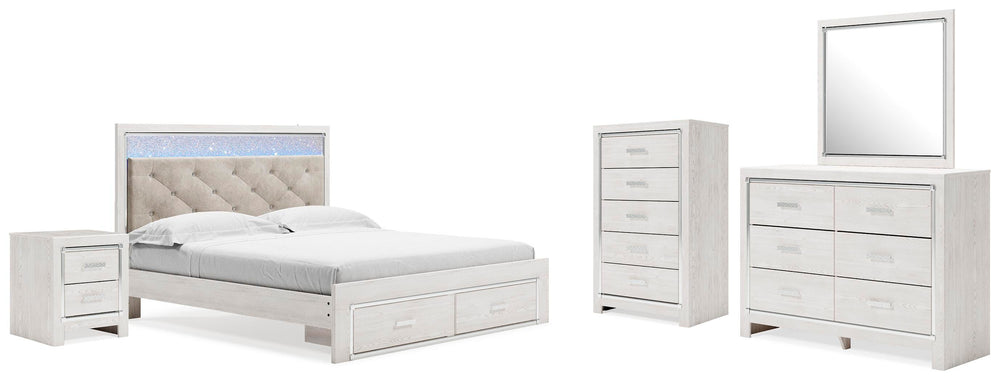 Altyra King Upholstered Storage Bed, Dresser, Mirror, Chest, and Nightstand - White (1)