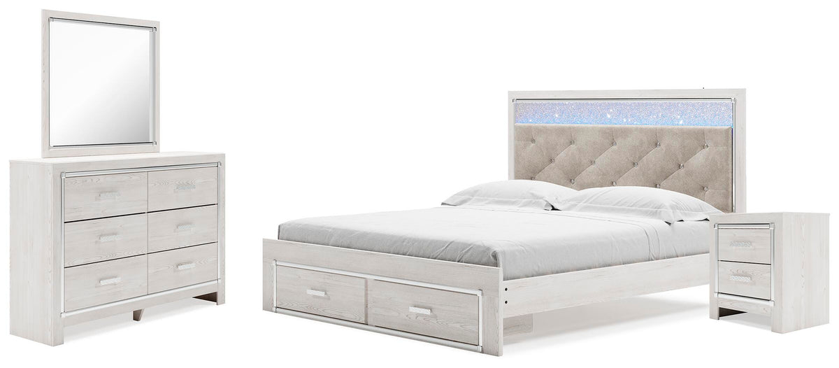 Altyra King Upholstered Panel Storage Bed, Dresser, Mirror and Nightstand - White (1)